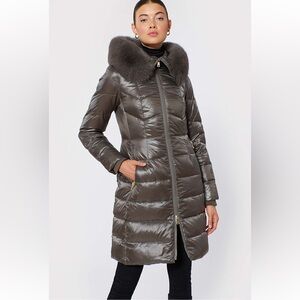 1 Madison Women's Long Winter Coat with Fox Fur Trimmed Hood, Taupe